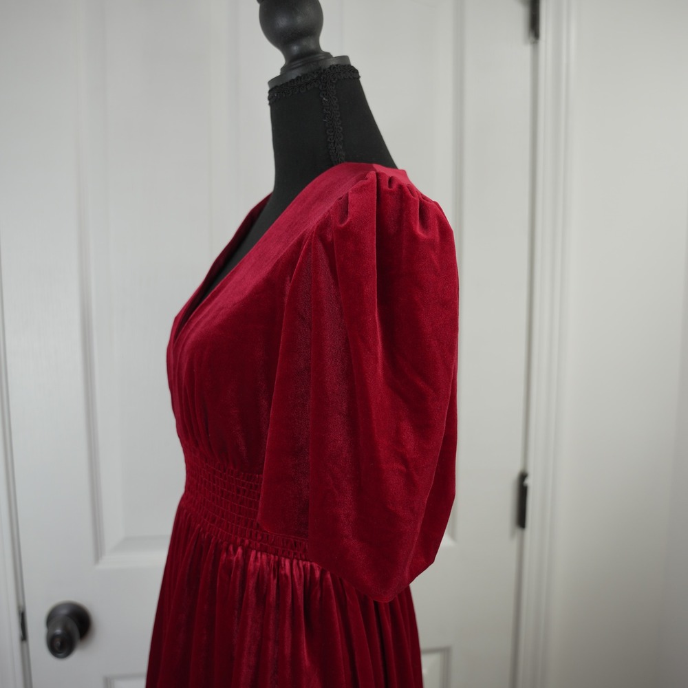 Antonio Melani‎ Red Velvet V-Neck Smocked Waist Ruffle Mini Dress Size 2 Holiday - Picture 3 of 15